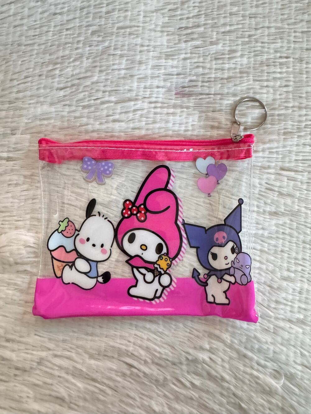 Sanrio My Melody Pochacco and Kuromi clear pouch with pink trim keychain